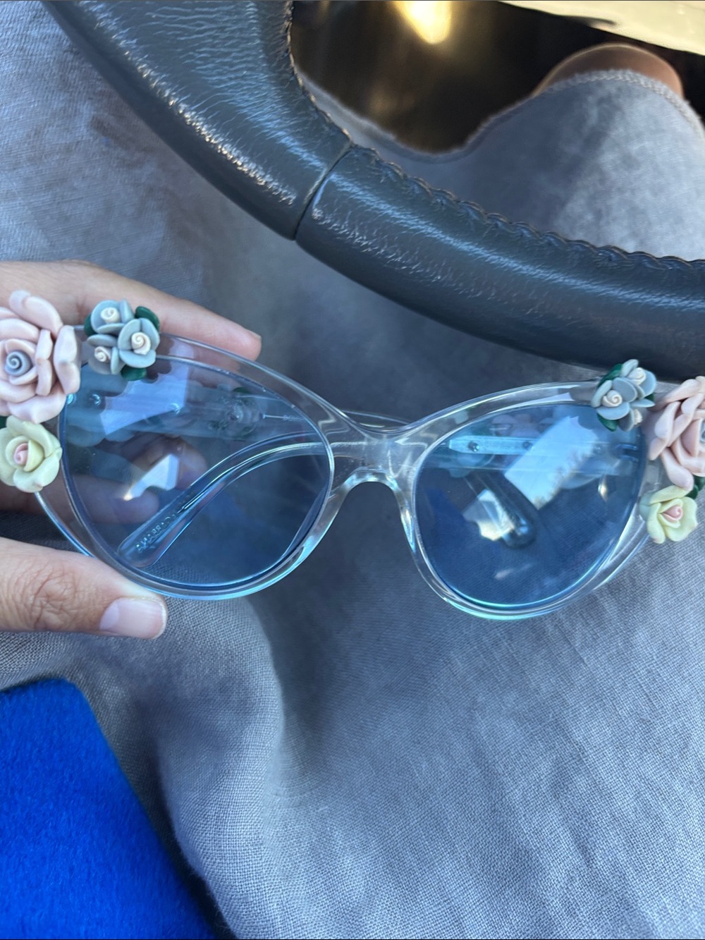 Dolce & Gabbana Floral Embellished Cat-Eye Sunglasses - Blue Lenses
